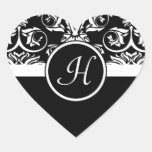 Schwarzweiss-Monogramm-Herz-Damast-Aufkleber