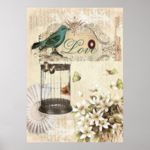 shabbychic Vogelkäfigcollage Vintages Paris Posterdruck