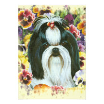 Shih Tzu und Stiefmütterchen-Kunst-Druck Individuelle Einladungskarte