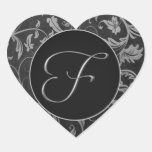 Silber des Monogramm-F und schwarzes Damast-Hochze Herz Aufkleber