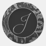 Silber des Monogramm-J und schwarzes Damast-Hochze Runde Sticker