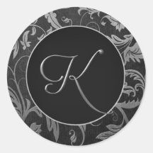 Silber des Monogramm-K und schwarzes Damast-Hochze Runder Sticker