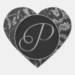 Silber des Monogramm-P und schwarzes Damast-Hochze Herzaufkleber
