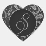 Silber des Monogramm-S und schwarzes Damast-Hochze Herz Aufkleber