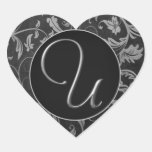 Silber des Monogramm-U und schwarzes Damast-Hochze Sticker