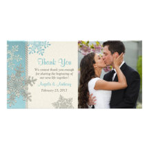 Silberne blaue Schneeflocke-Winter-Hochzeit danken Personalisierte Foto Karte