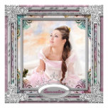Silbernes aquamarines blaues rosa Foto Quinceanera Personalisierte Ankündigungskarte