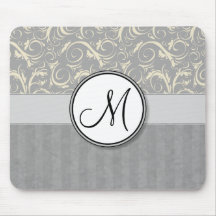 Silver Cream Floral Wisps & Stripes with Monogram Mousepad
