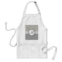 Silver Cream Floral Wisps & Stripes with Monogram Apron