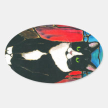 Smokings-Katzen-Buntglas-Entwurfs-Kunst-T-Shirt Ovale Aufkleber