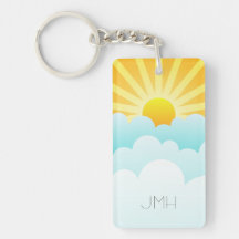 Sunny Day Whimsical Sun Rays and Clouds Monogram Rectangular Acrylic Key Chain