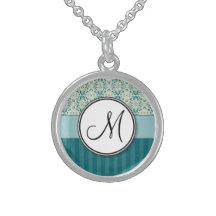 Teal on Cream Damask with Stripes and Monogram Sterling Silver Necklaces