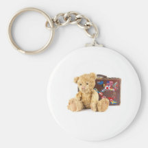 Teddybär und Vintager alter Koffer mit Weltwti Schlüsselband