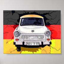 Trabant-Auto und deutsche Flagge, Berliner Mauer Poster