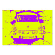 Trabant Auto und gelbe/lila Berliner Mauer Visitenkarte