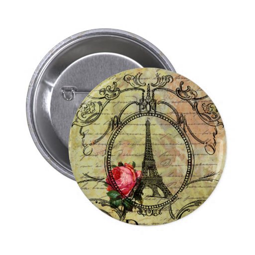 Turm u. Rote Rose Steampunk Paris Eiffel Button