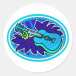 Ukulele mit Blätter und Blumen kreisen ein, blau Aufkleber