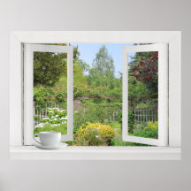 Ummauerter Garten - offenes Fenster auf Blumen und Plakatdruck