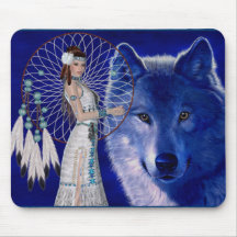 Ureinwohner-Frau u. blauer Wolf-Entwurf Mousepad