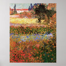 Van Gogh; Blühender Garten, Vintage Blumen mit Blu Poster