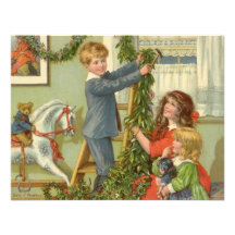 Viktorianische Kinder, die für Weihnachten verzier Ankündigungskarte
