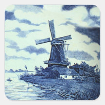 Vintage antike blaue Fliese Delfts - Windmühle Quadrataufkleber