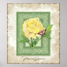 Vintage Art mit Blumen - gelbe Pfingstrose mit Bro Posterdrucke