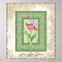 Vintage Art mit Blumen - rosa Iris mit Brokat Posterdrucke