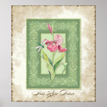 Vintage Art mit Blumen - rosa Iris mit Brokat Posterdrucke