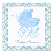 Vintage blaue Wagenpram-Baby-Jungen-Dusche Personalisierte Ankündigungen