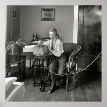 vintage boy with phone black white image poster