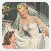 Vintage Braut mit Blumen-Mädchen an ihrem Hochzeit Aufkleber