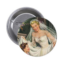 Vintage Braut mit Blumen-Mädchen an ihrem Hochzeit Buttons