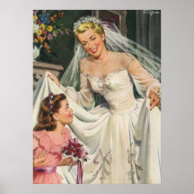 Vintage Braut mit Blumen-Mädchen an ihrem Hochzeit Poster