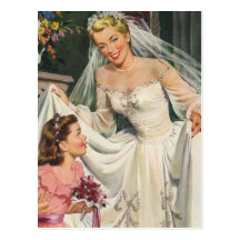 Vintage Braut mit Blumen-Mädchen an ihrem Hochzeit Postkarten