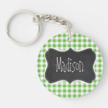 Vintage Chalkboard look, Green Checkered; Gingham Keychains
