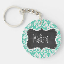 Vintage Chalkboard look; Seafoam Green Damask Key Chain