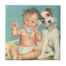 Vintage Cute Baby Talking on Phone Puppy Dog Tiles