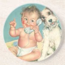 Vintage Cute Baby Talking on Phone Puppy Dog Coaster