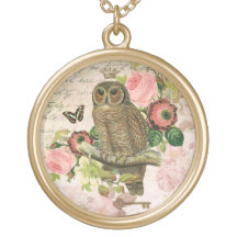 Vintage French shabby chic owl charm necklace