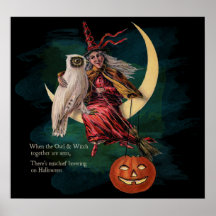 Vintage Halloween-Eule und Hexe-Plakat