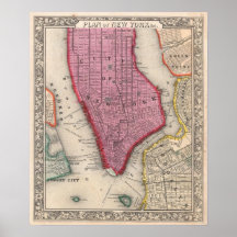 Vintage Karte von unterem New York City (1860) Posterdruck