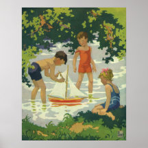 Vintage Kinder, die Spielzeug-Segelboot-Sommer-Tei Posterdruck