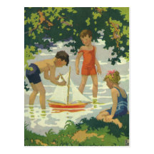 Vintage Kinder, die Spielzeug-Segelboot-Sommer-Tei Postkarte