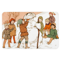 Vintage Kinder mit Schnee-Mann Flexibler Magnet