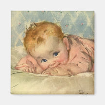 Vintage Kinderniedliches Baby-Mädchen im Rosa auf  Magnete