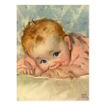 Vintage Kinderniedliches Baby-Mädchen im Rosa auf  Postkarte