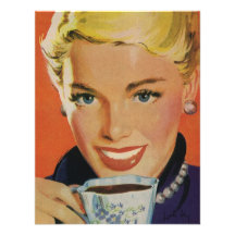 Vintage lächelnde Frau, die ihren Morgen-Kaffee ge Ankündigungskarten