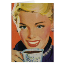 Vintage lächelnde Frau, die ihren Morgen-Kaffee ge Grußkarten
