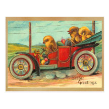 Vintage Ostern-Küken im Automobil Postkarte